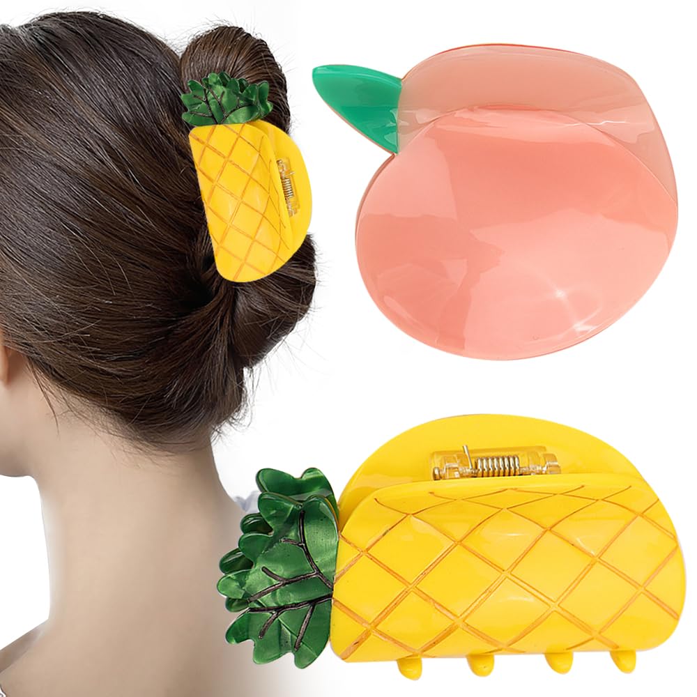 Jaczora 2 PCS Fruit Shaped Hair Clip (Pineapple + Peach) for Women Girls, Strong Hold Hair Barrettes, Hairpins Hair Ponytail Holder Decor, Hair Accessories