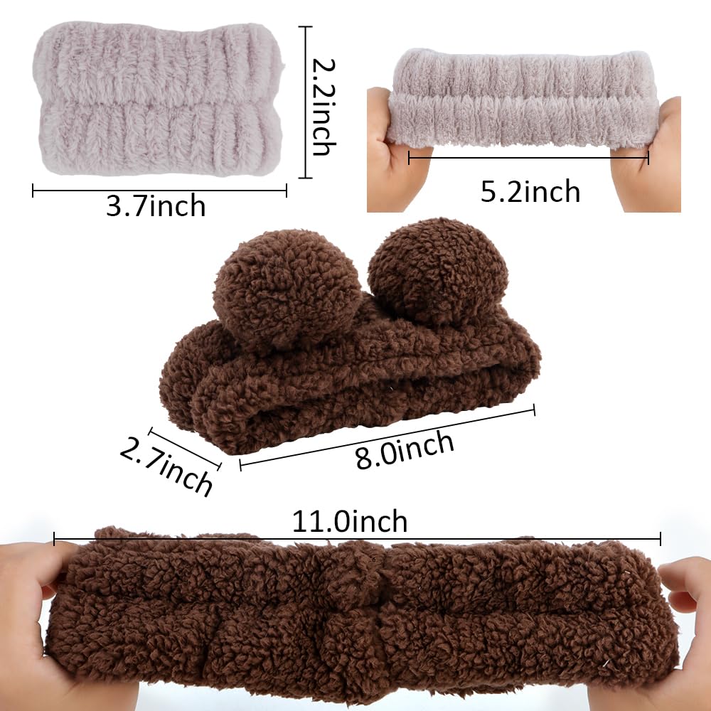 AHONEY Spa Bear Ears Headband, Face Wash Headband and Wristband Set, Cute Makeup Skincare Headbands Wrist Bands for Washing Face Fluffy Headband for Women Girls Elastic Hair Band (Brown)