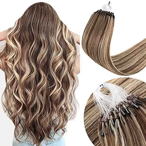 Senmy Microlink Hair Extensions Human Hair 22inch Natural Micro Loop Hair Extensions #4/613 Brown mix Blonde Micro Ring Human Hair Extensions 0.5g/strand 50g/pack Microbead Extensions Human Hair