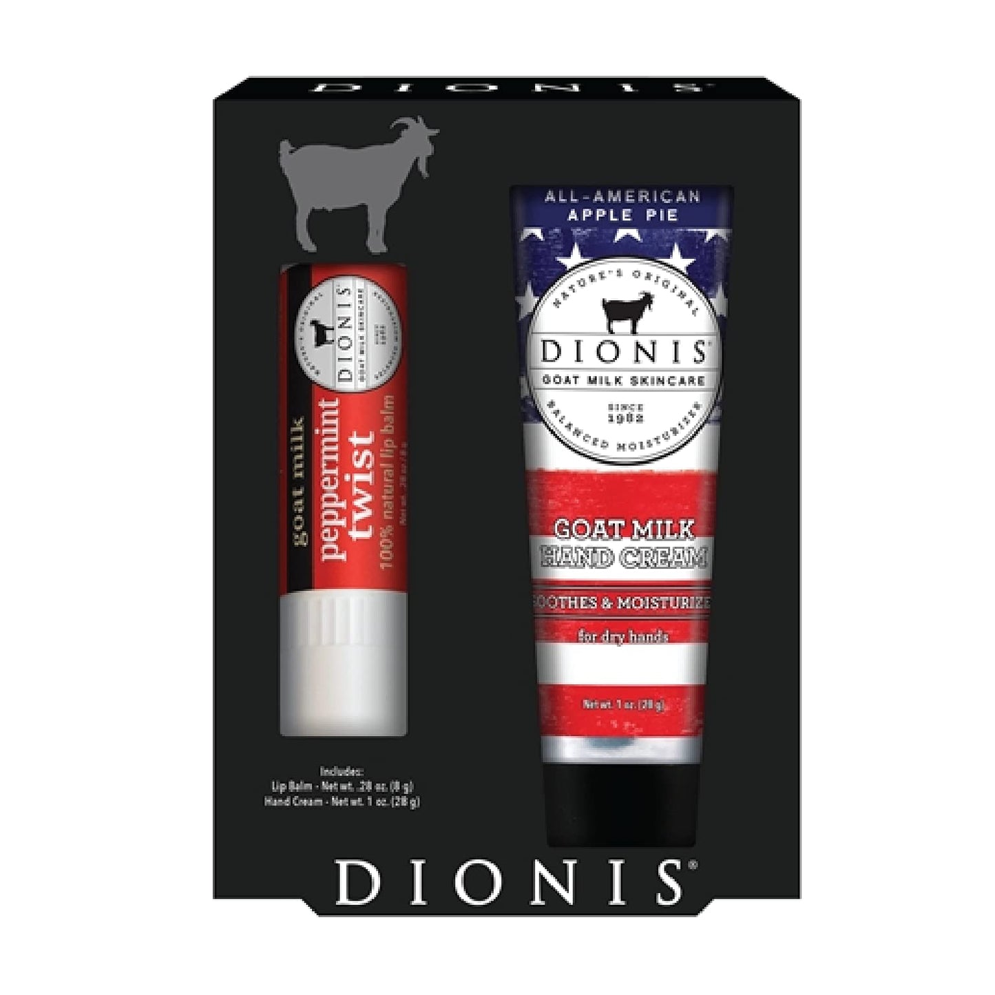 Dionis - Goat Milk Skincare All-American Apple Pie Scented Hand Cream and Peppermint Twist Scented Lip Balm Set (1 oz and .28oz) - Made in the USA - Cruelty-free and Paraben-free