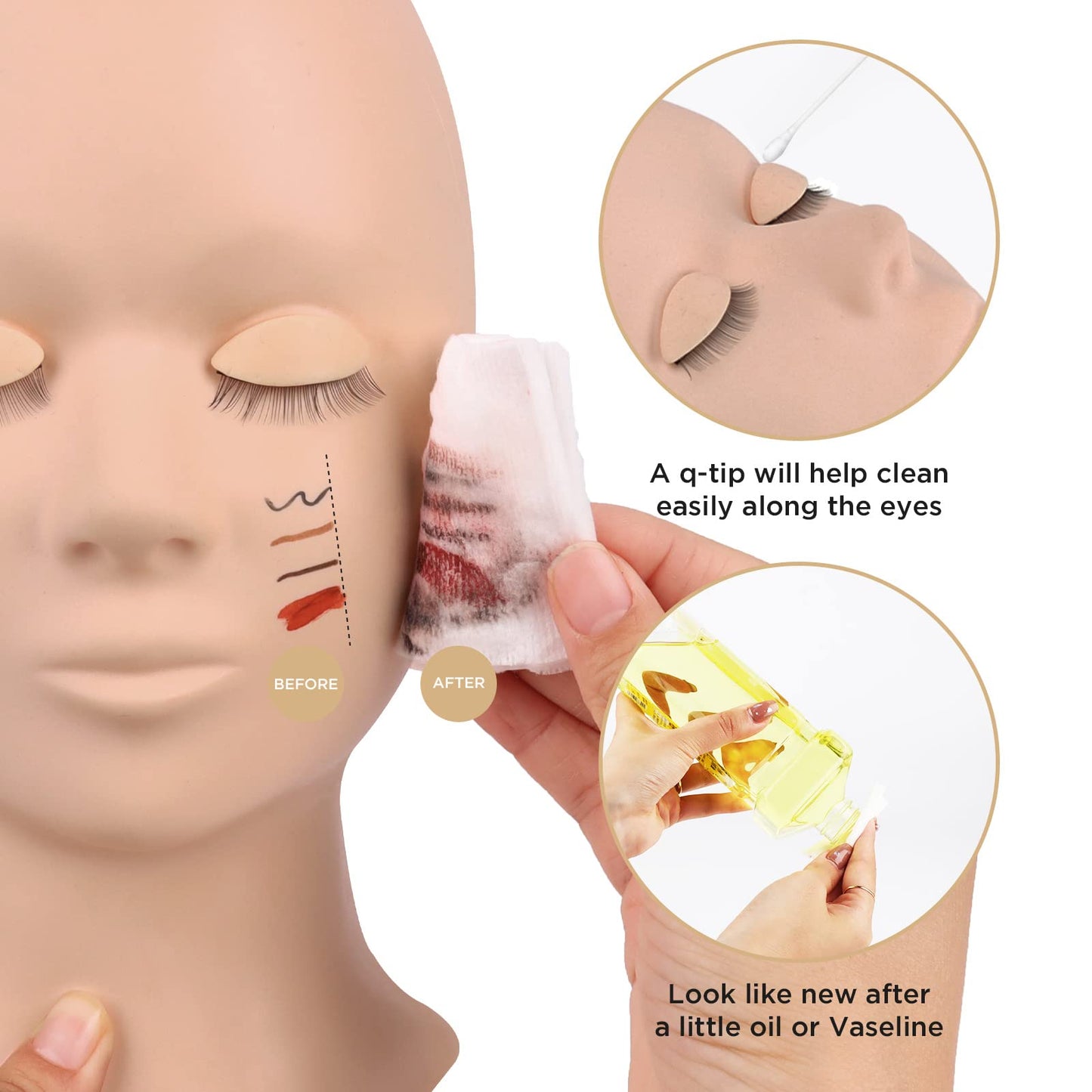 LASHVIEW Lash Mannequin Head , with 4 Pairs Replaced Eyelids Practice, Makeup Soft-Touch Rubber, Natural Skin Color