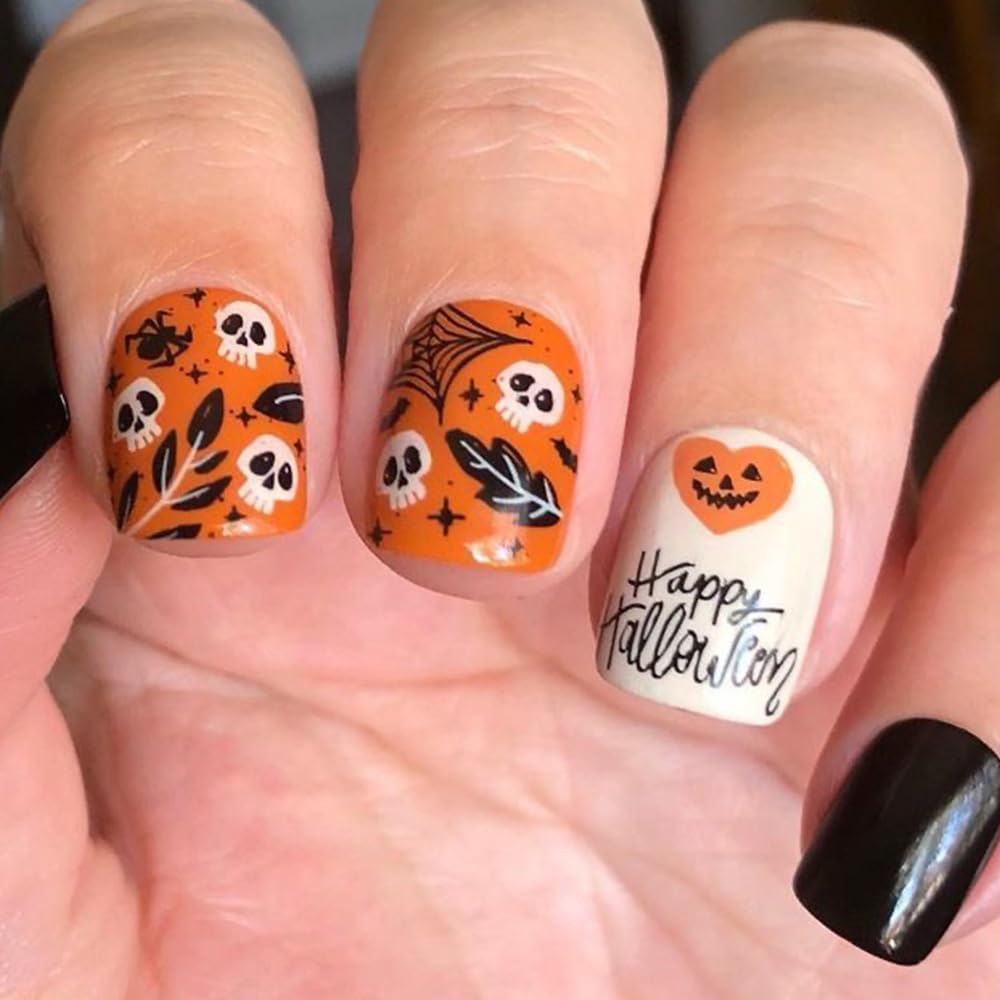 Halloween Press on Nails Short Square Fake Nails Skull Head Leaves Glue on Nails Spider Web False Nails with Spider Letter Designs Acrylic Cute Halloween Nails Full Cover Stick on Nails for Women