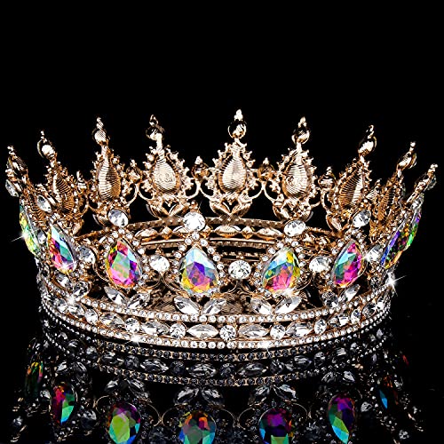 COCIDE Gold Crown for Women Aurora Borealis Crystal Tiara Bridal Hair Accessory