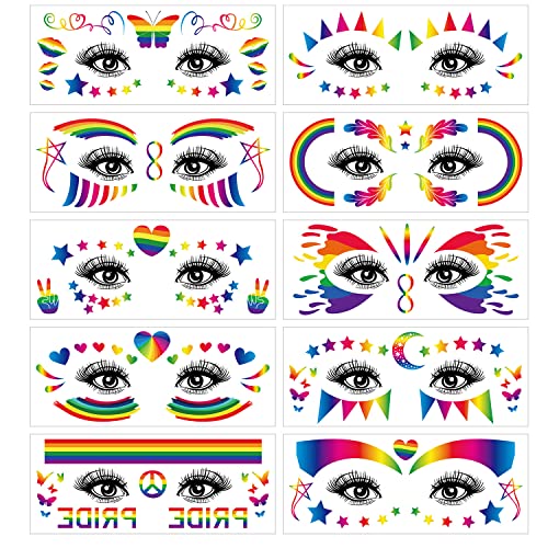 Rainbow Pride Face Temporary Tattoo Stickers, 10 Sheets
