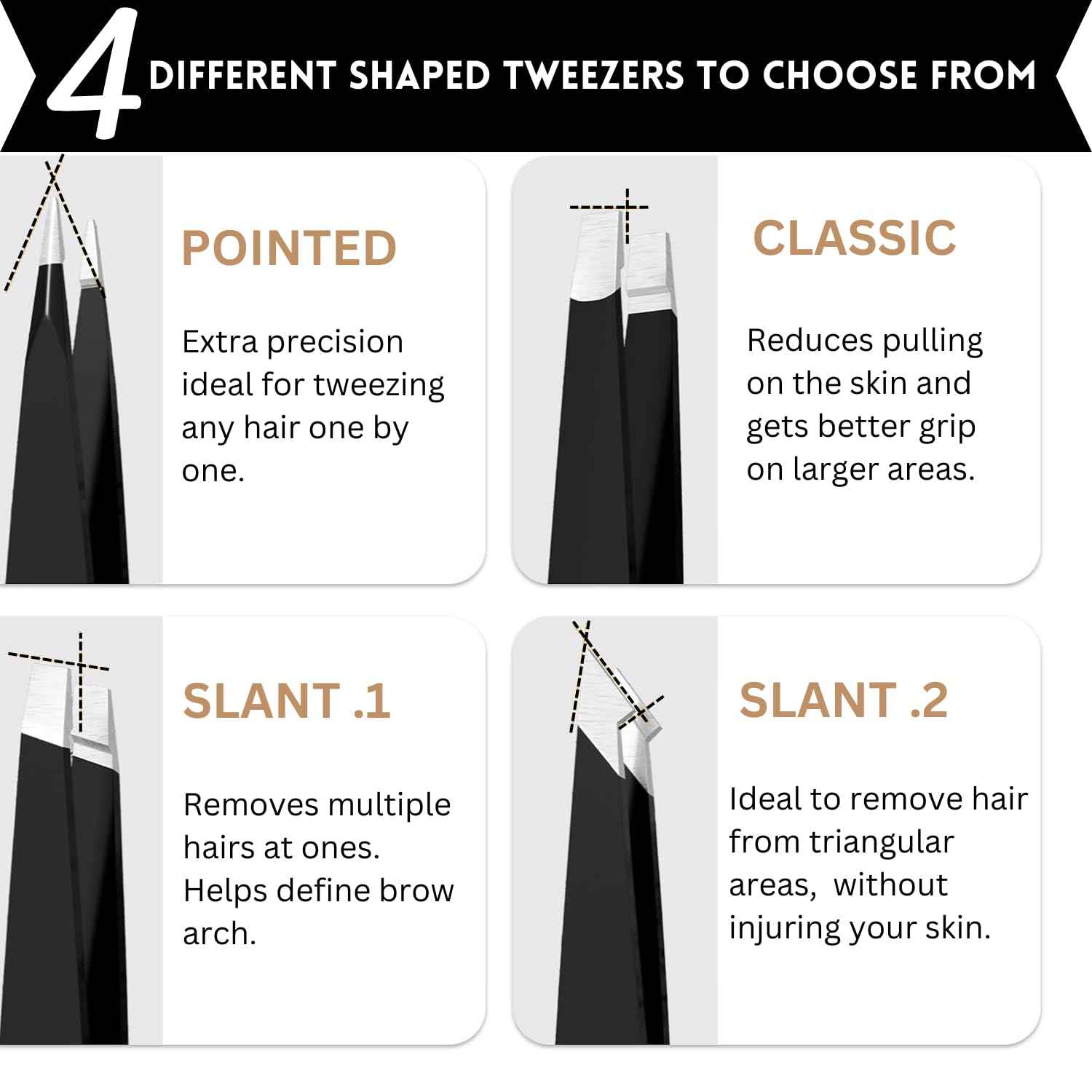 ITALLY Tweezers Set - Professional Eyebrow Tweezers - Stainless Steel Best Precision Tweezers for Women Facial Hair, Splinter, Blackhead & Ingrown Hair Removal, 4Pcs (Black)