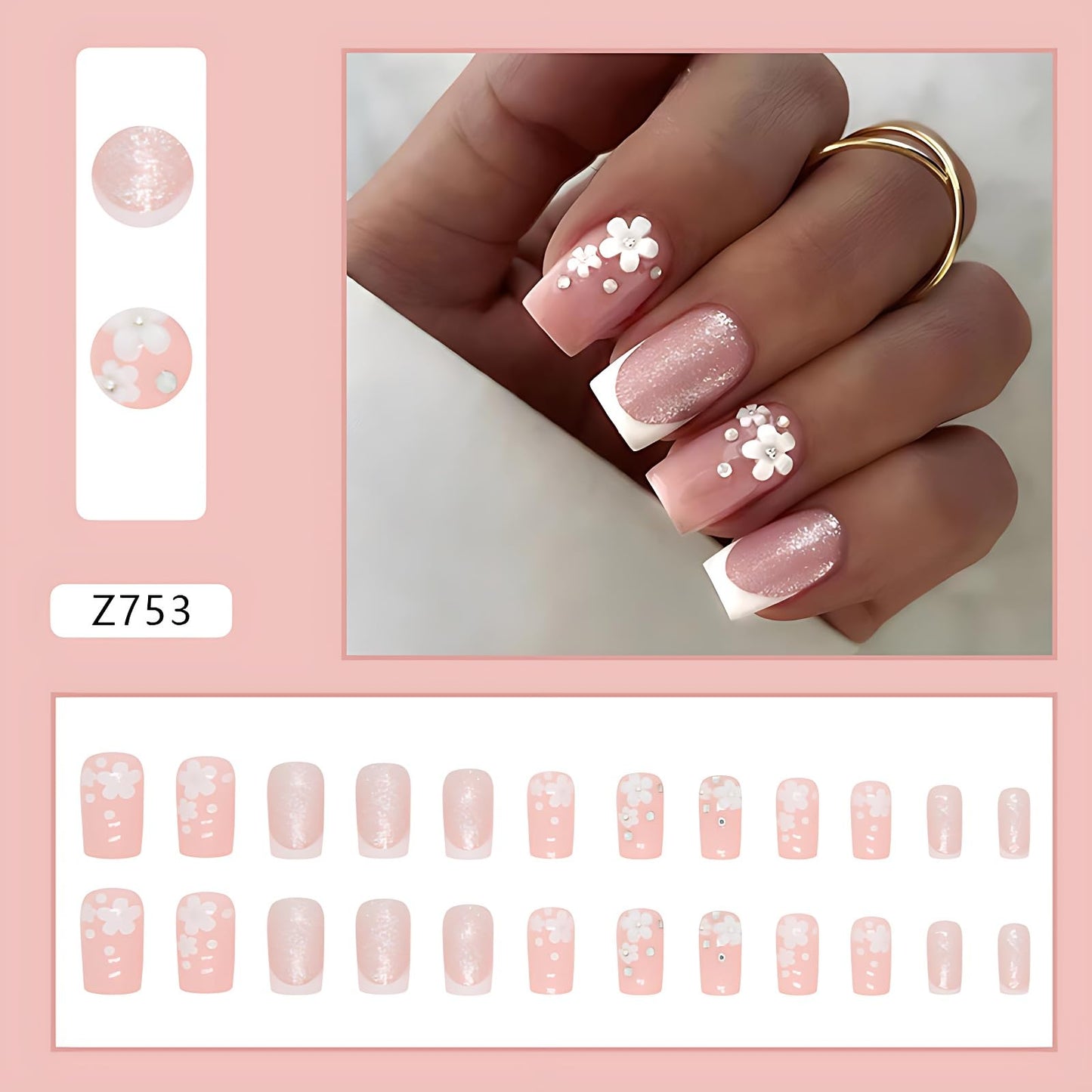 Pink Press on Nails Medium French Tip Press on Nails Square 5D Flower Fake Nails with Artificial Glue Nails Stick on Nails in 24Pcs Medium Square French Nails