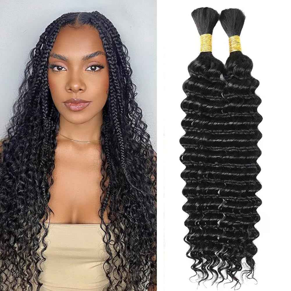Human Braiding Hair Deep Wave Bulk Human Hair for Braiding 20Inch No Weft 90g 2 Bundles 100% Brazilian Virgin Human Hair Extensions Curly Boho Hair Wet and Wavy Human Hair Natural Black