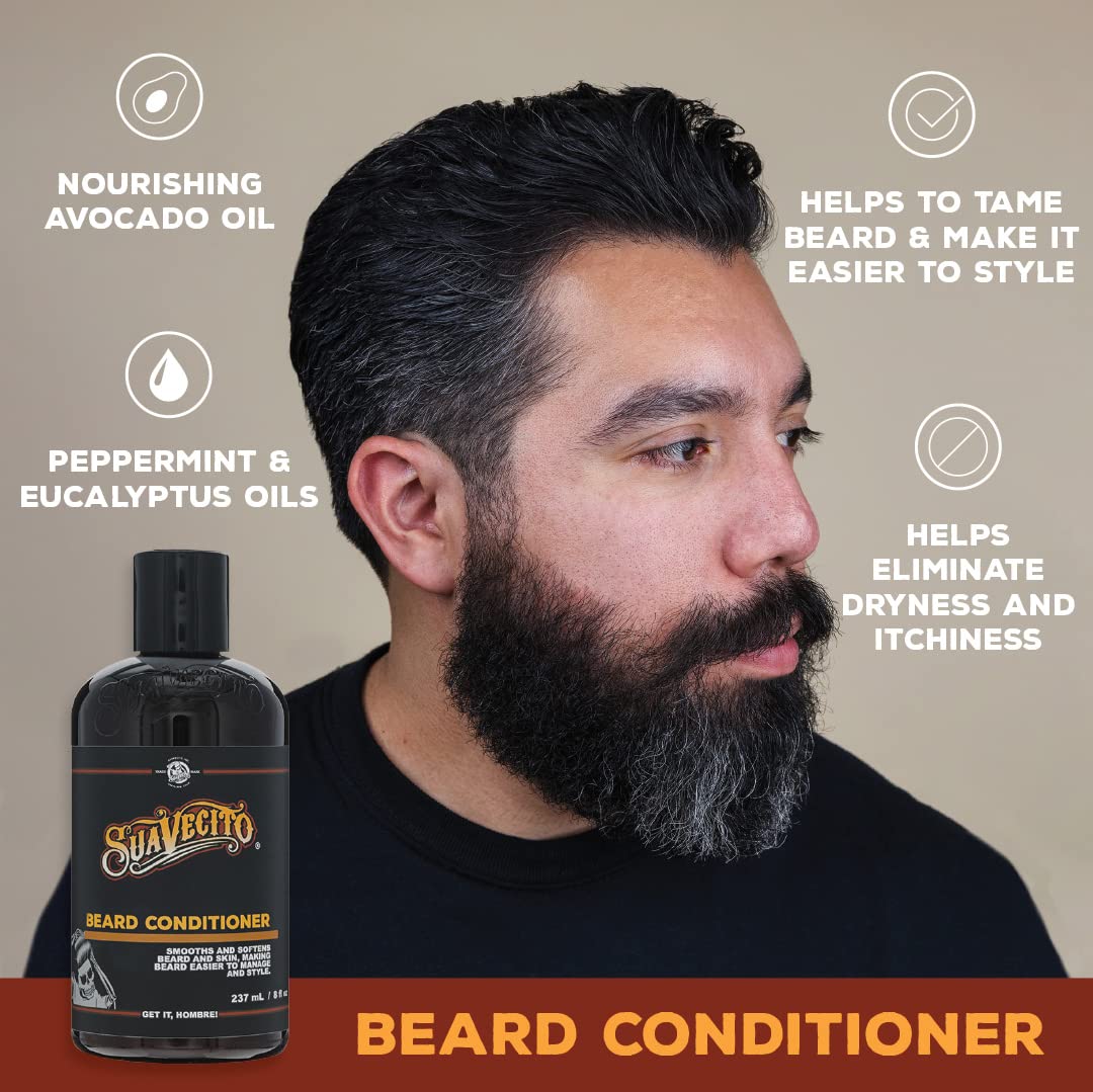 Suavecito Beard Wash Kit Men's Grooming & Cleansing Avocado Oil Shea Butter Olive Oil Nourishing Wash, Conditioner, Comb, Travel Bag