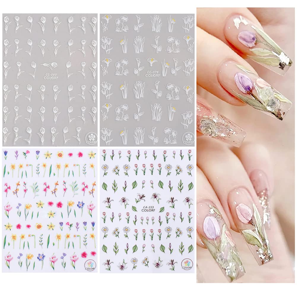 Flower Nail Art Stickers Decal,4 Sheets Tulip Nail Stickers for Nail Art,3D Elegant Spring Self-Adhesive Nail Supplies Flowers Floral Small Tulip Nail Designs for Women Girls Nail Art DIY Decorations