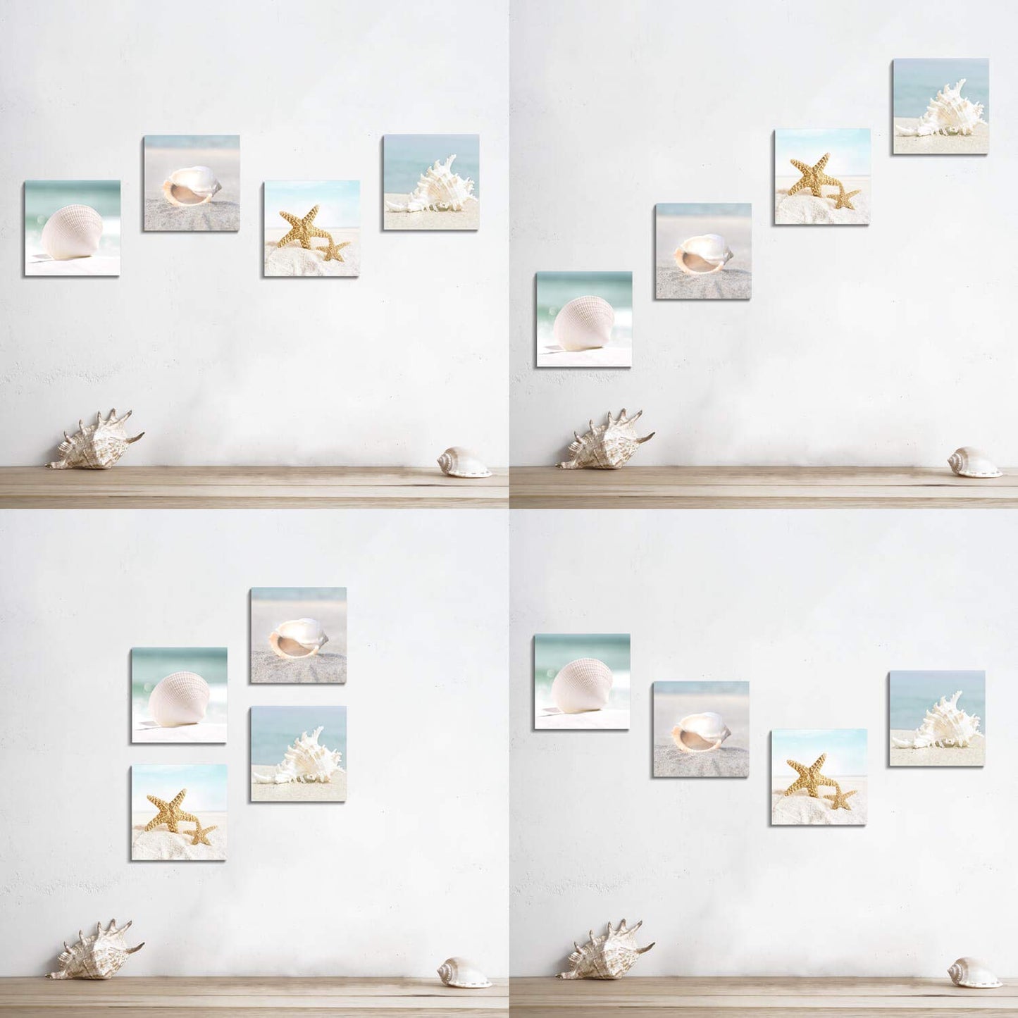 ARTISTIC PATH Starfish & Seashells Canvas Wall Art: Sandy Beach Seaside Graphic Artwork for Bathroom (12" W x 12" H x 4 PCS,Multi-Sized)