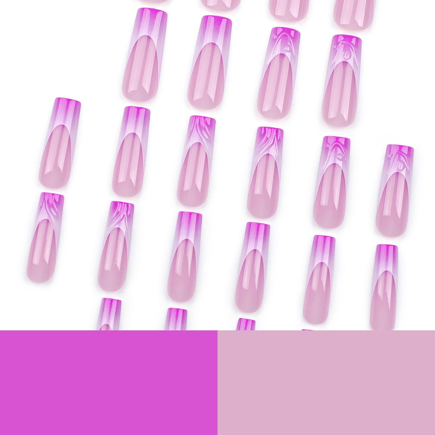 24 Pcs Long Coffin Press on Nails Nude Pink Fake Nails French Tip False Nails with Fink Purple Gradation Designs Fake Nail 3D Water Ripple Acrylic Nails Full Cover Glue on Nails for Women and Girls