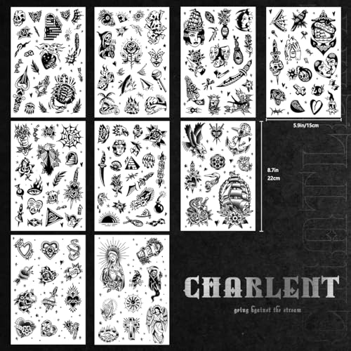 CHARLENT Black Vintage Temporary Tattoos - 9 Sheets Old School Designs