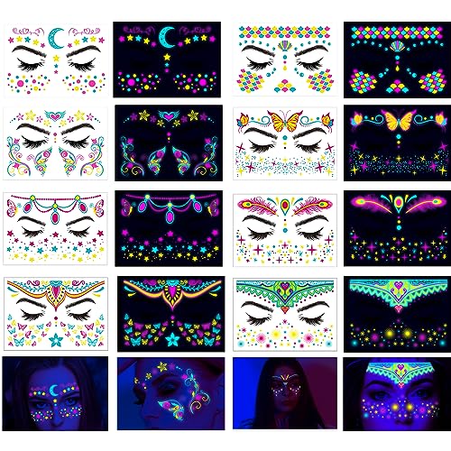 Neon UV Glow in Dark Temporary Tattoos - Waterproof Face Stickers