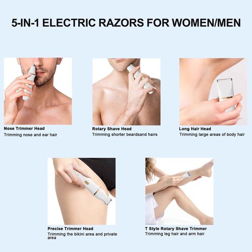 ele ELEOPTION Electric Razors for Women 5-in-1 Waterproof Wet Dry Electric Shaver with USB Charge Dock, Legs Hair Remover, Body Shaver for Beard Bikini Trimmer for Women White