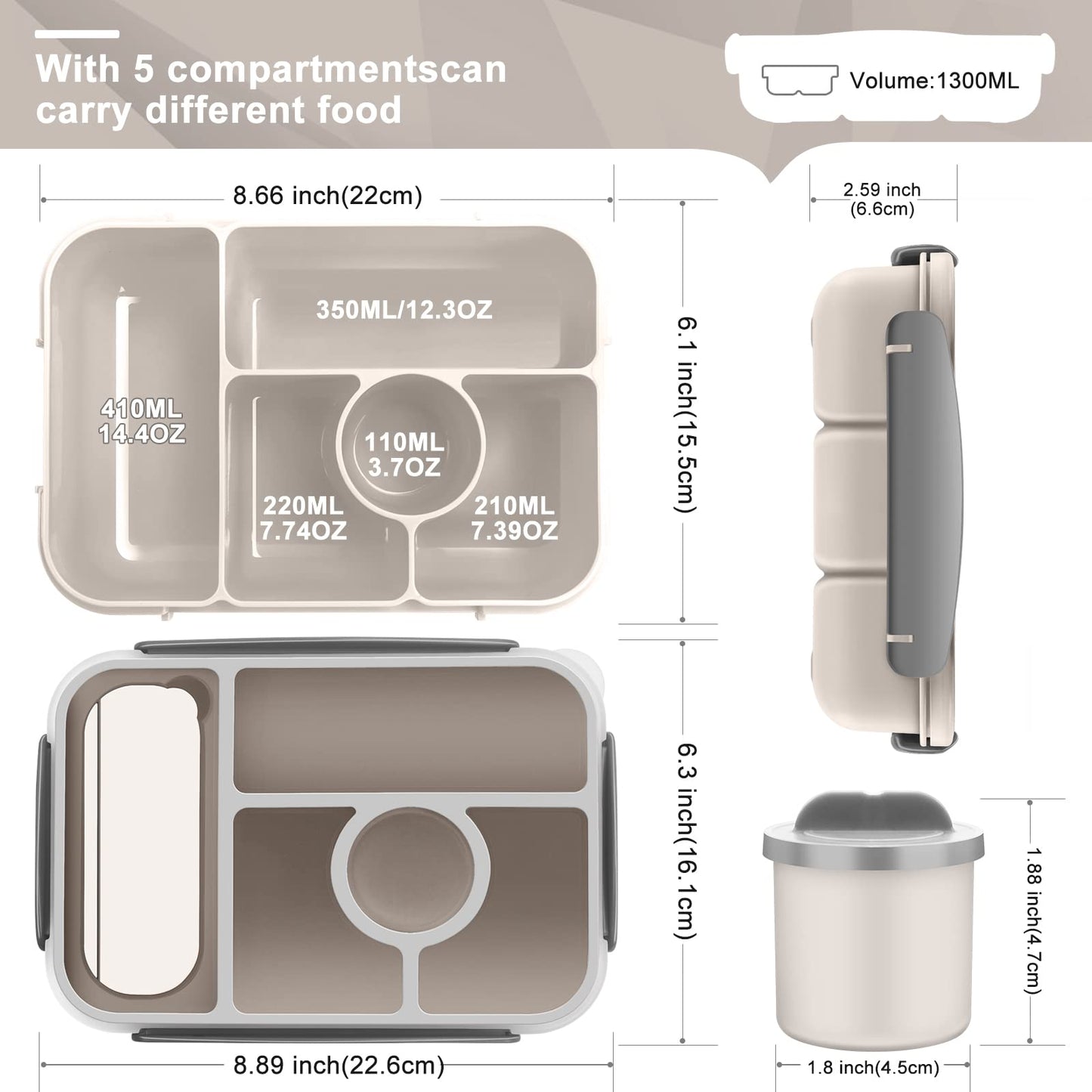 Demiue Lunch Box for Adults/Kids/Toddler,5 Compartments Bento Lunch Containers with Sauce Vontainers,Microwave & Dishwasher & Freezer Safe,BPA Free(White)