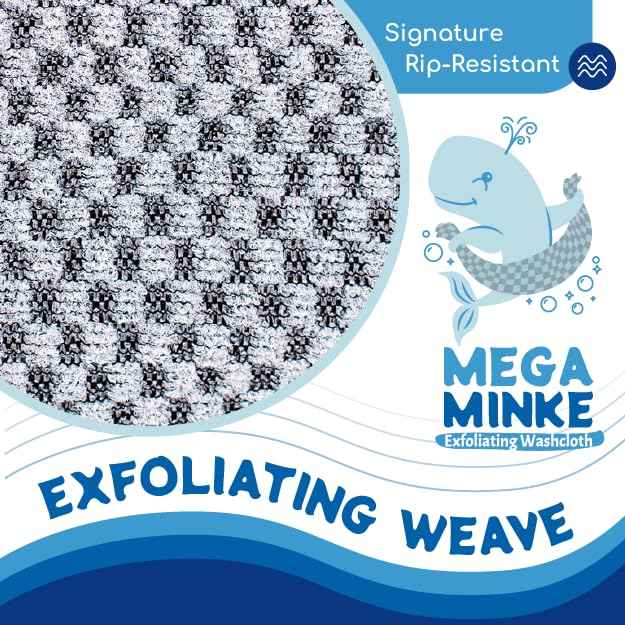 JJ KENT MEGA Minke Exfoliating Washcloth - Reusable Exfoliating Body Scrubber and Dead Skin Remover for Super Soft Skin - Rip-Resistant Large Washcloths for Showering