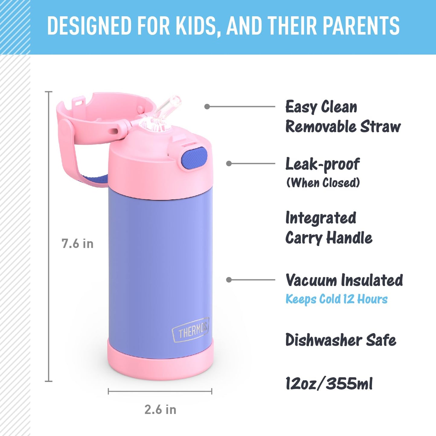 THERMOS FUNTAINER Water Bottle with Straw - 12 Ounce, Purple/Pink - Kids Stainless Steel Vacuum Insulated Water Bottle with Lid