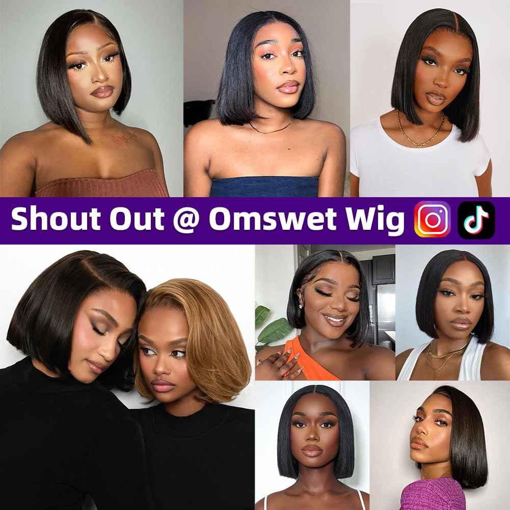 omswet Wear and Go Bob Wig Human Hair 200 Density 5x5 HD Lace Closure Pre Plucked Pre Bleached Pre Cut Glueless Wig Bob Wigs for Black Women Human Hair Glueless Short Wigs Natural Black 10 Inch