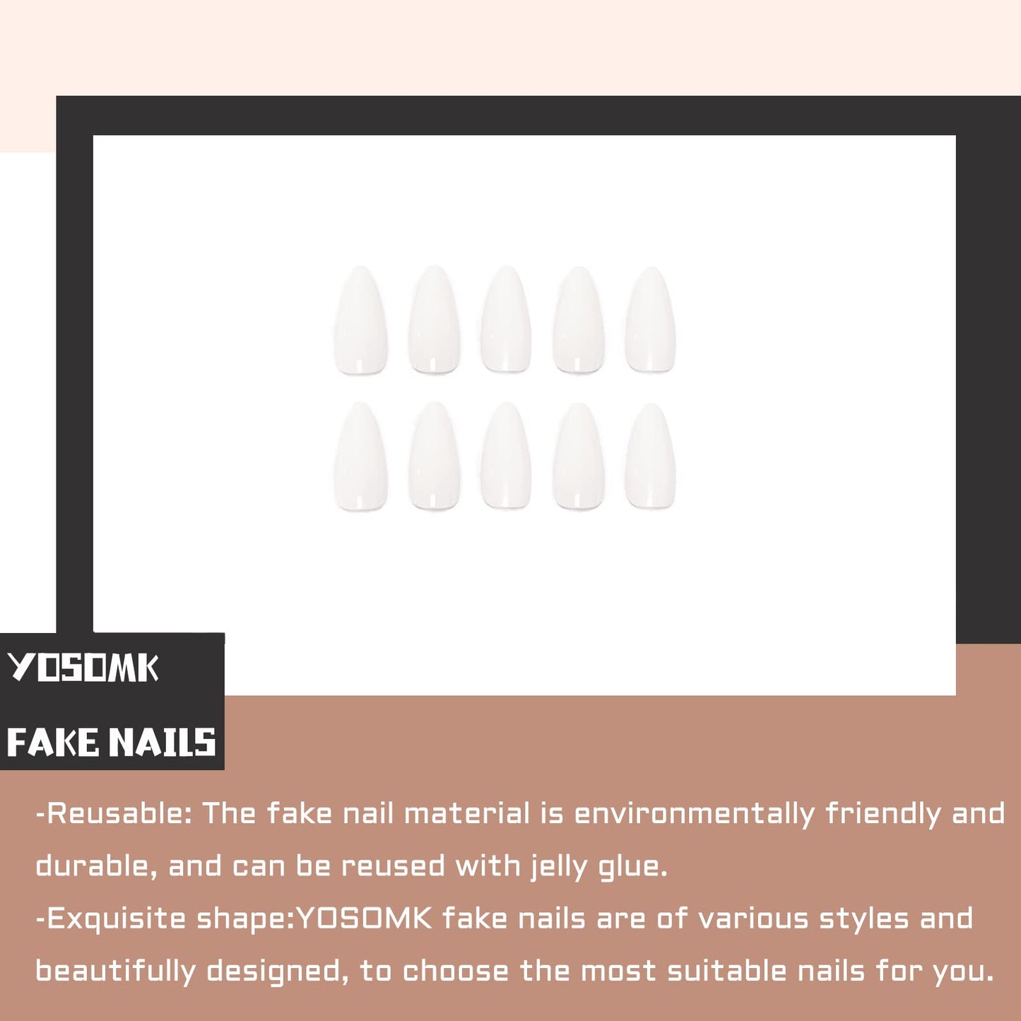 YOSOMK White Fake Nails Medium Almond Press on Nails with Design Pure Color Glossy Stick on Nails Acrylic Glue on False Nails for Women