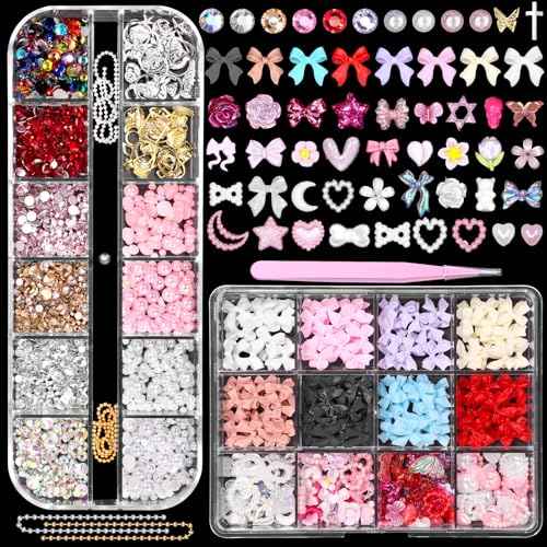 2 Boxes 3D Nail Charms Set, 8 Colors Nail Bows Charms, Multi Color Bow Flower Butterfly Moon Heart Pearls Acrylic Nail Art Charms, Nail Charms and Gems, Nail Art Pearl Rhinestones for Nail Art DIY