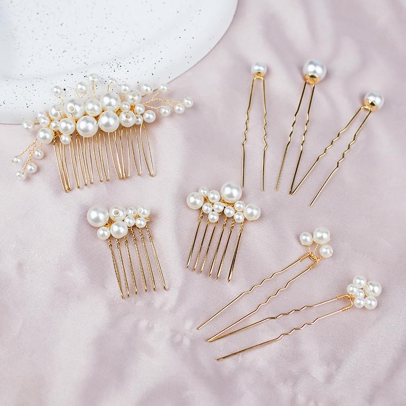 8-Piece Pearl Wedding Hair Combs Set with Rhinestones