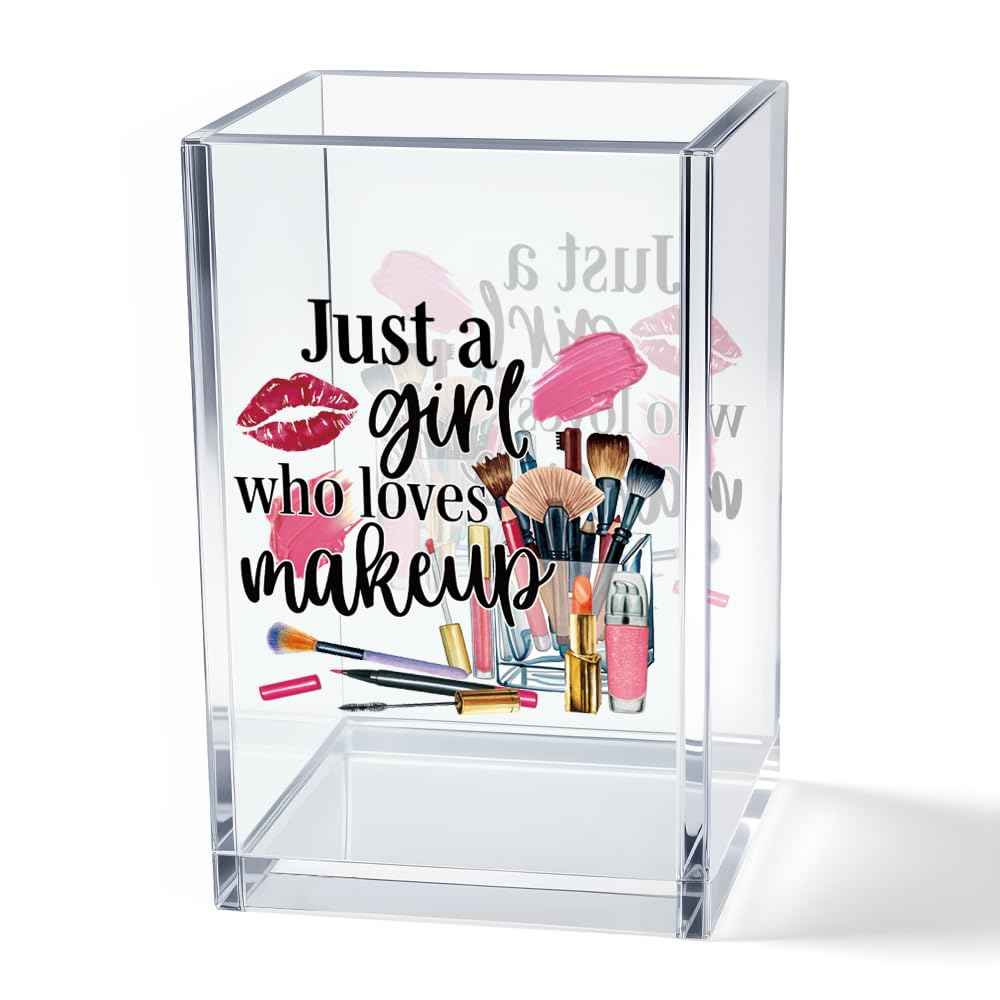 Vgrti Just A Girl Who Loves Makeup Acrylic Makeup Brush Organizer Holder, Girls Desk Acrylic Brushes Storage, Christmas Birthday Gifts for Daughter Niece Sister BFF Make Up Artist Makeup Lover