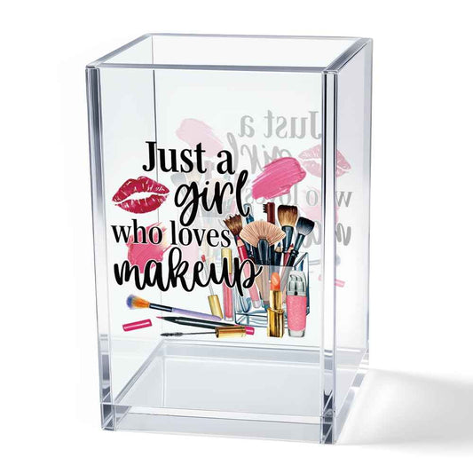Vgrti Just A Girl Who Loves Makeup Acrylic Makeup Brush Organizer Holder, Girls Desk Acrylic Brushes Storage, Christmas Birthday Gifts for Daughter Niece Sister BFF Make Up Artist Makeup Lover