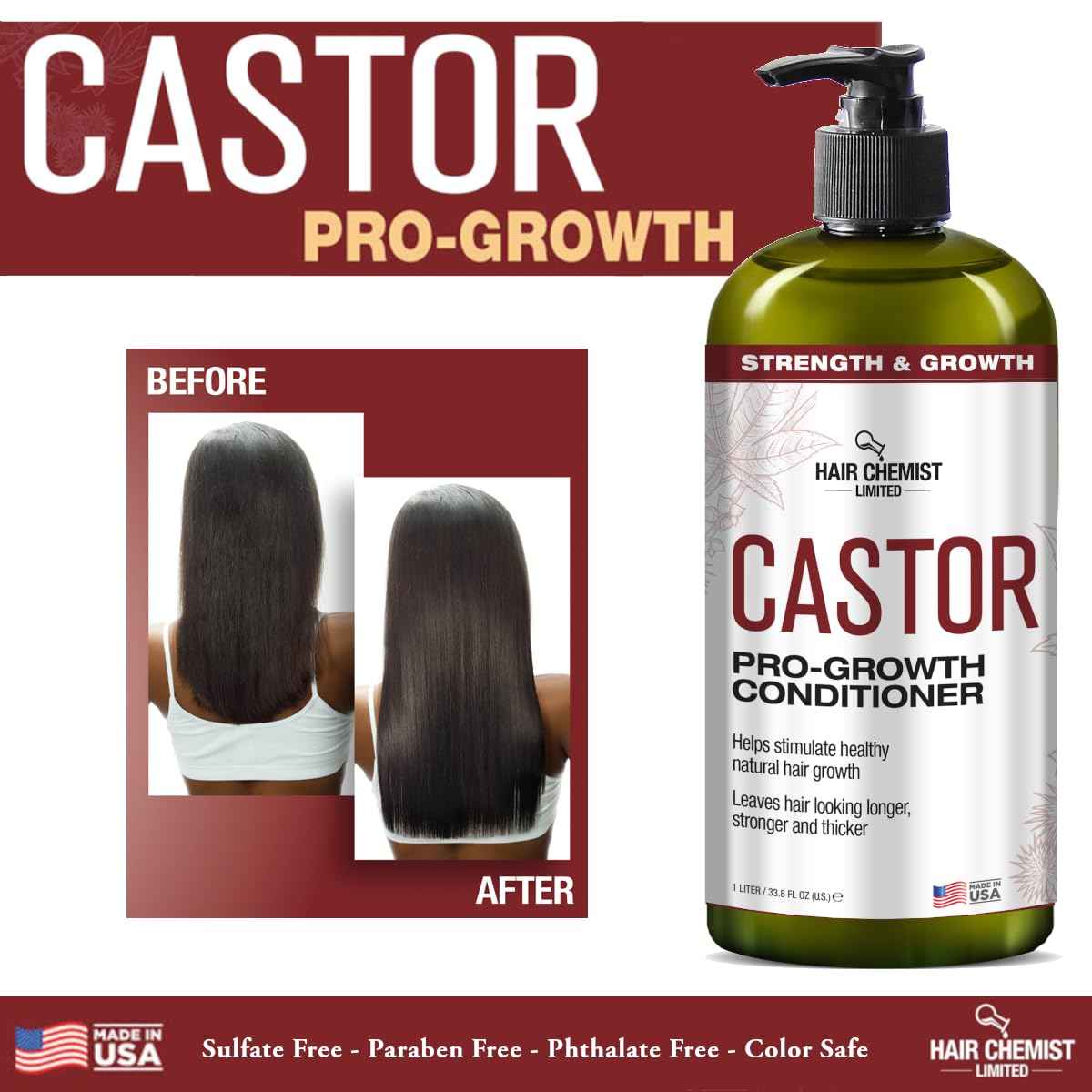 Hair Chemist Castor Pro-Growth Shampoo 33.8 oz. AND Conditioner 33.8 oz. 2-PC Boxed Gift Set - Made with Natural Castor Oil for Hair Growth, Sulfate Free Shampoo & Conditioner Set