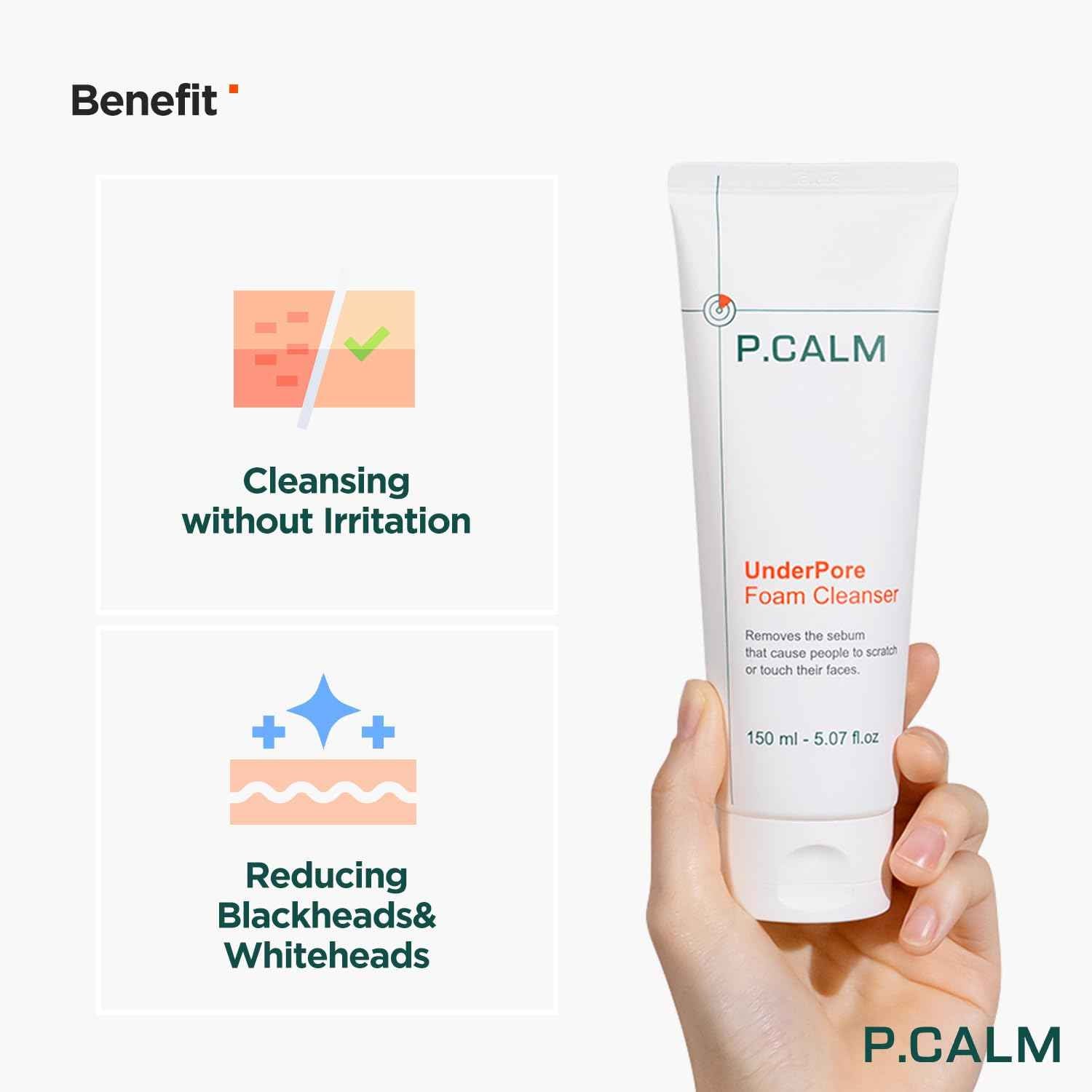 P.CALM Underpore Foam Cleanser – Azulene for Deep Pore Cleansing, Blackhead & Whitehead Removal, Korean Vegan Facial Wash for Sensitive Skin (250ml / 8.45 fl.oz)