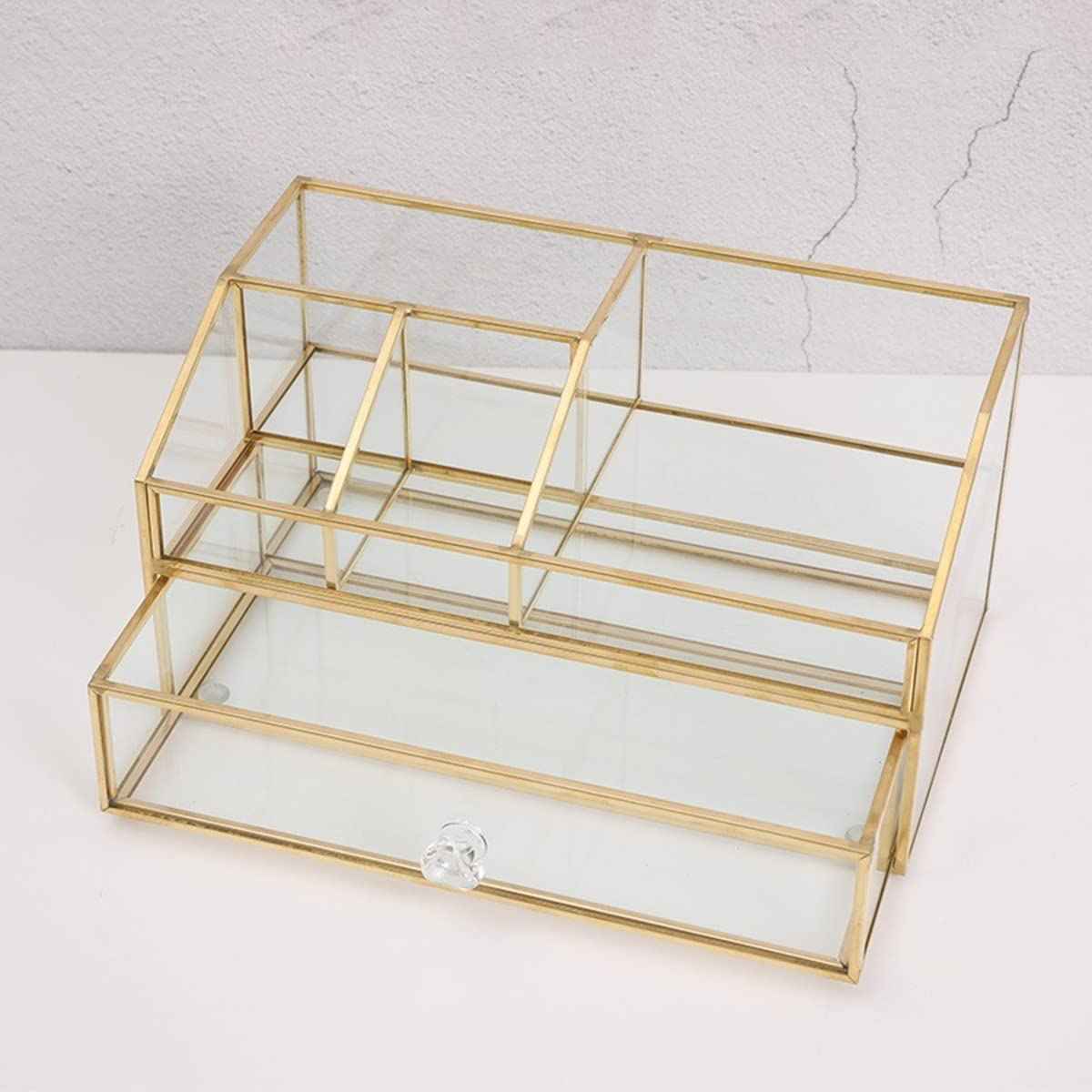 bofeiull Glass Makeup Brush Holder, Makeup Brush Organizer Jewelry Display Box, Nordic Style Elegant Glass Makeup Organizer Nail Polish Lipsticks Eyeliners Holder for Vanity Bathroom Bedroom Office