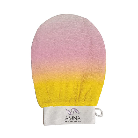 AMNA NATURAL BEAUTY Exfoliating Gloves | Exfoliating Kessa Glove | Kessa Hmmam Scrubbing Glove | Colorful Moroccan Exfoliating Gloves (Pink/Yellow Gradient)