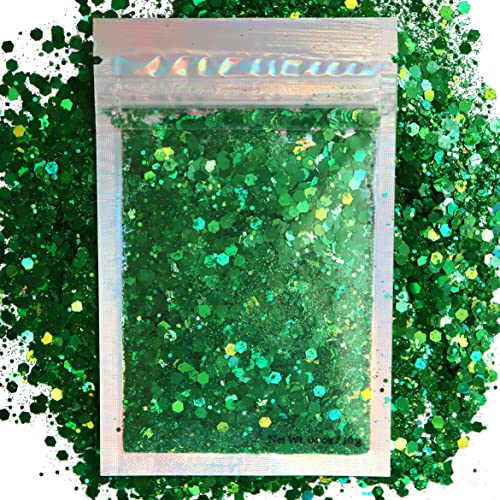 Green Body Glitter - 15g Chunky Holographic Face Glitter, Hair Glitter, Eye Glitter and Body Glitter for Women. Rave Glitter, Festival Accessories, Cosmetic Glitter Makeup. Loose Glitter Set