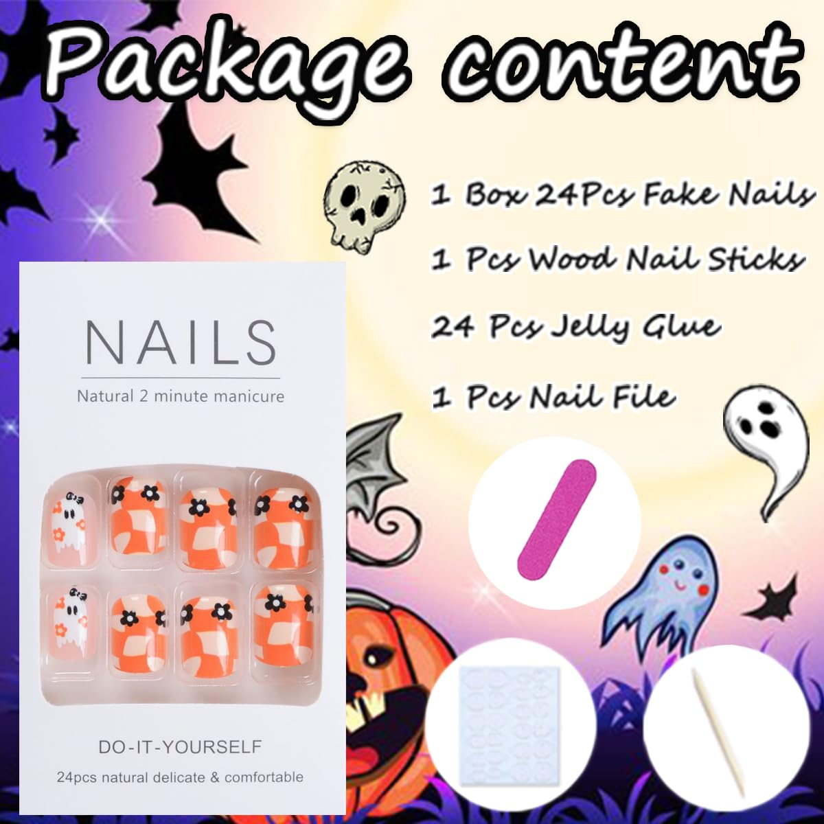 LRKNNO 24Pcs Halloween Square Press on Nails Short Acrylic Nails with Cute Ghost Flower Design Yellow and White Full Cover False Nails