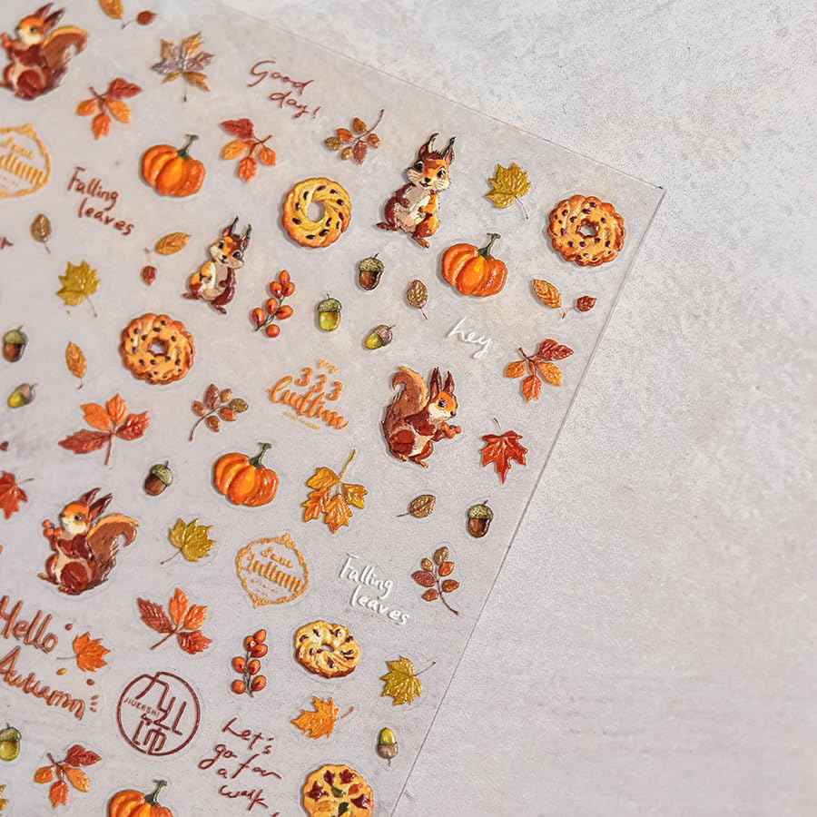 1 Sheet Fall Nail Art Stickers 5D Embossed Cute Nail Decals Autumn Maple Leaf Squirrel Pine Cones Fallen Leaves Nail Design Self-Adhesive Manicure Stickers Accessories for Women DIY Nail Decorations