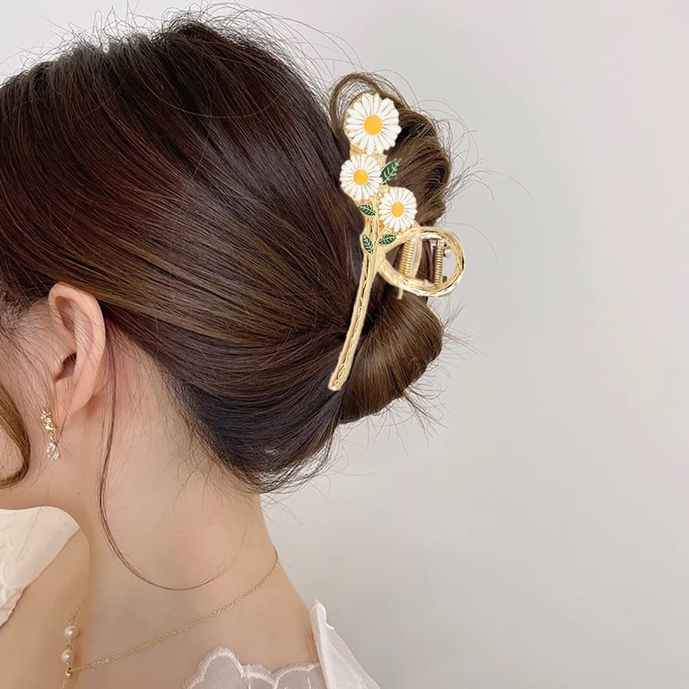 AIUPUOC Elegant Large Daisy Flower Metal Gold Claw Clip Hair Barrette for Thick Hair Women's Hair Accessory