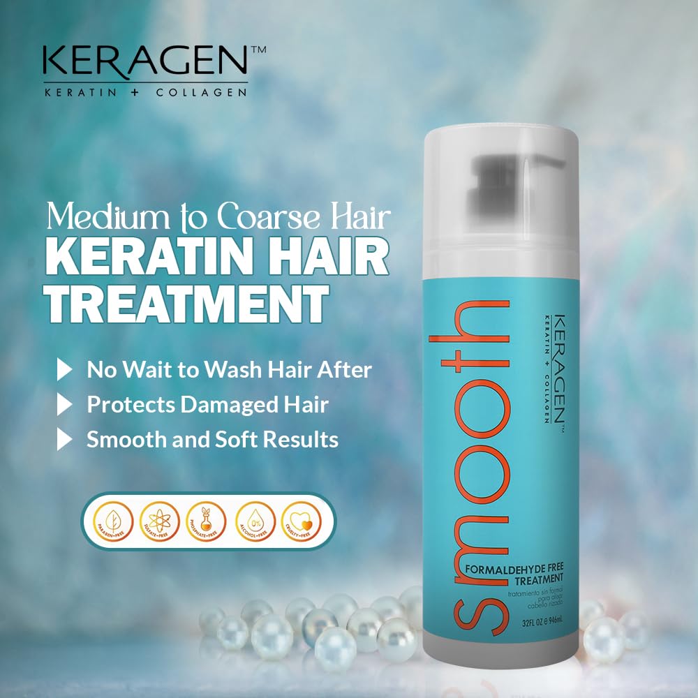 Keragen - Brazilian Keratin Smoothing Treatment, Blowout Straightening System for Dry and Damaged Hair, Formaldehyde Free, 32 Oz - Eliminate Curls and Frizz, Fine to Medium Hair