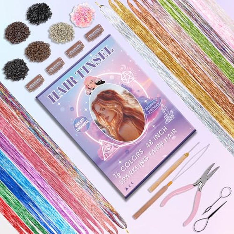 48-Inch Hair Tinsel Kit - 16 Colors Heat Resistant Fairy Glitter Extensions