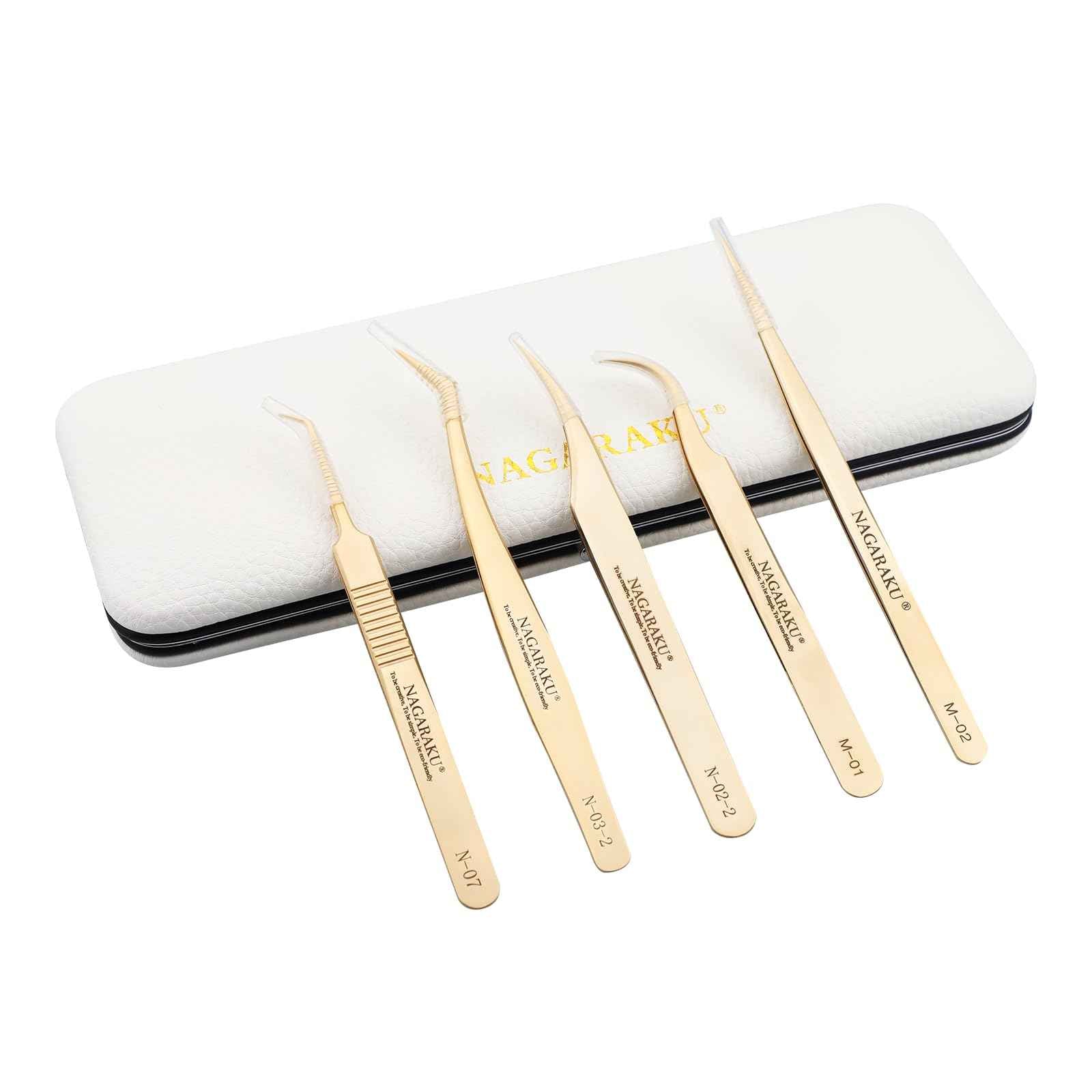 NAGARAKU 5 PCS Tweezers for Eyelash Extensions Straight and Curved Precision Professional Tweezer for Lash Extensions Volume Easy Fanning lash Precise Point with Storage Case Bag