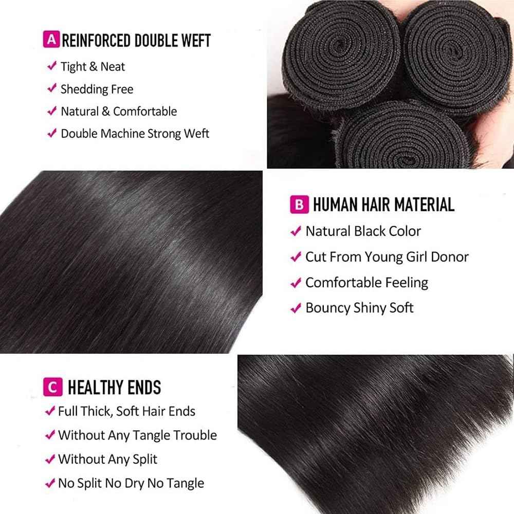 10A Straight Bundles Human Hair 10 12 14 Inch 100% Unprocessed Virgin Brazilian Straight Human Hair Weave 3 Bundles Natural Black Color