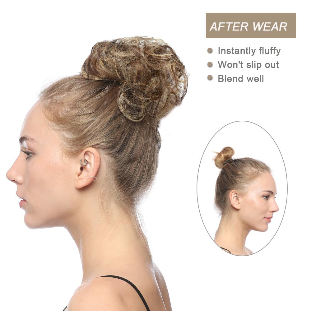 Messy Hair Bun Curly Wavy Chignon Ponytail Donut Hair Pad Elastic Hair Rope Rubber Band Synthetic Hairpiece Honey Blonde & Bleach Blonde Highlights 30H621