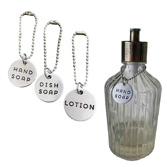 3 Piece Soap Dispenser Labels - Hand, Dish & Lotion Bottle Tag Set - Hand-Stamped Brass or Aluminum, Silver/Gold Color - Guest Bathroom & Kitchen Organization (Aluminum (Silver))