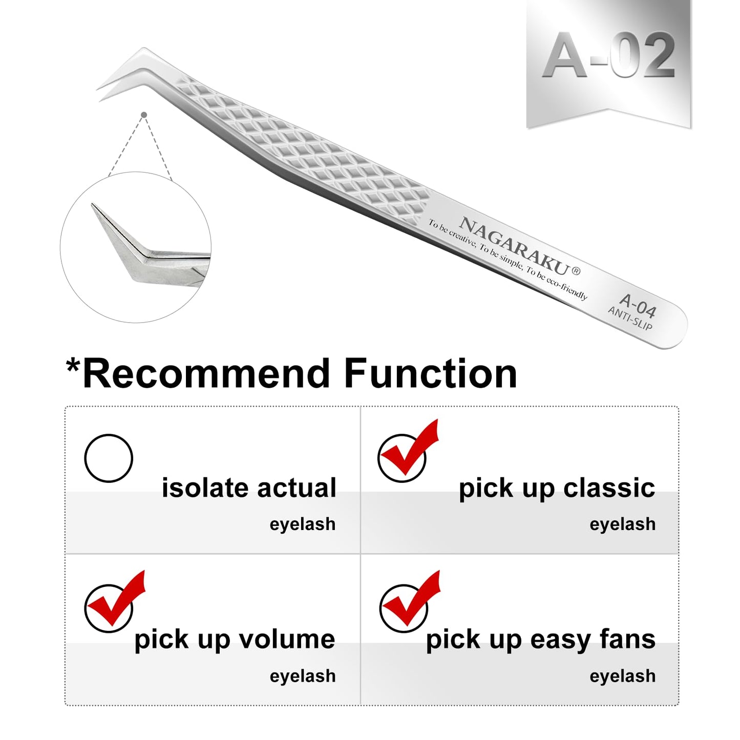 NAGARAKU Eyelash Extension Tweezers Diamond Grip with Pattern on tip Precision Durable Curved Professional for Classic Lash Fanning Volume (A-04)