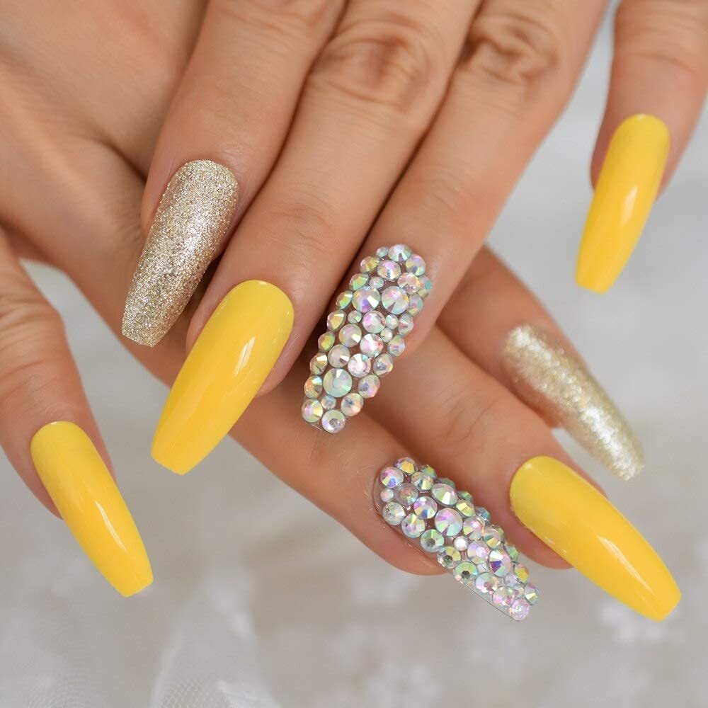 Coolnail Neon Leon Yellow Press on False Nails Holo Gems Gold Glitter Extra Long Coffin Ballerina Full Fingersnails Free Adhesive Tapes