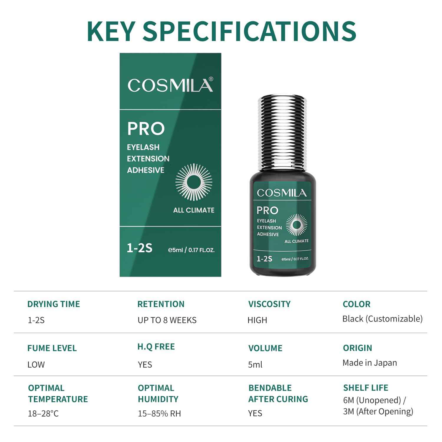 COSMILA Pro Eyelash Extension Glue – HQ Free – 99.8% Japan Monomer, Ultra-Stable – All-Climate, Sensitive-Friendly, Extra Strong – 1-2s Fast Drying, 8 Weeks Retention – for Lash Technicians – 5ml