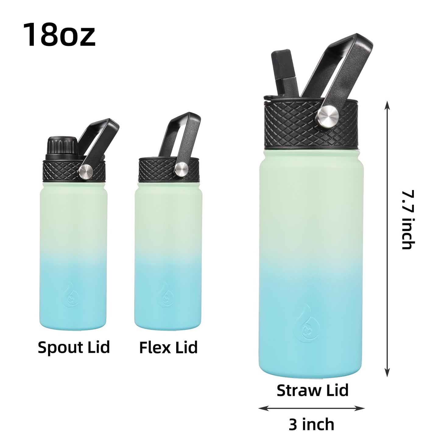 BJPKPK Insulated Water Bottles with Straw Lid, 18oz Stainless Steel Metal Water Bottle, Cold & Hot Water Bottle with 3 Lids, Leak Proof BPA Free Travel Cup, Wide Mouth Flasks, Thermos -Mint