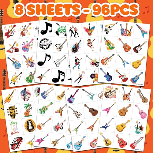96 PCS Guitar Temporary Tattoos for Kids Party Favors
