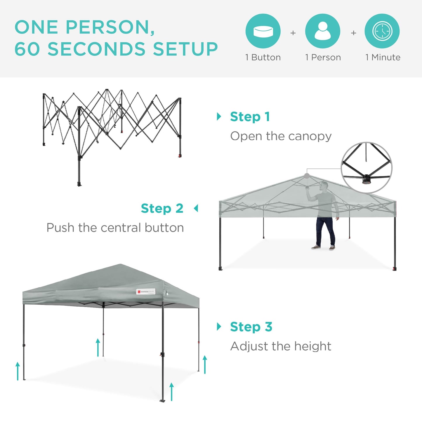 Best Choice Products 8x8ft 1-Person Setup Pop Up Canopy Tent Instant Portable Shelter w/ 1-Button Push, Case, 4 Weight Bags - Silver