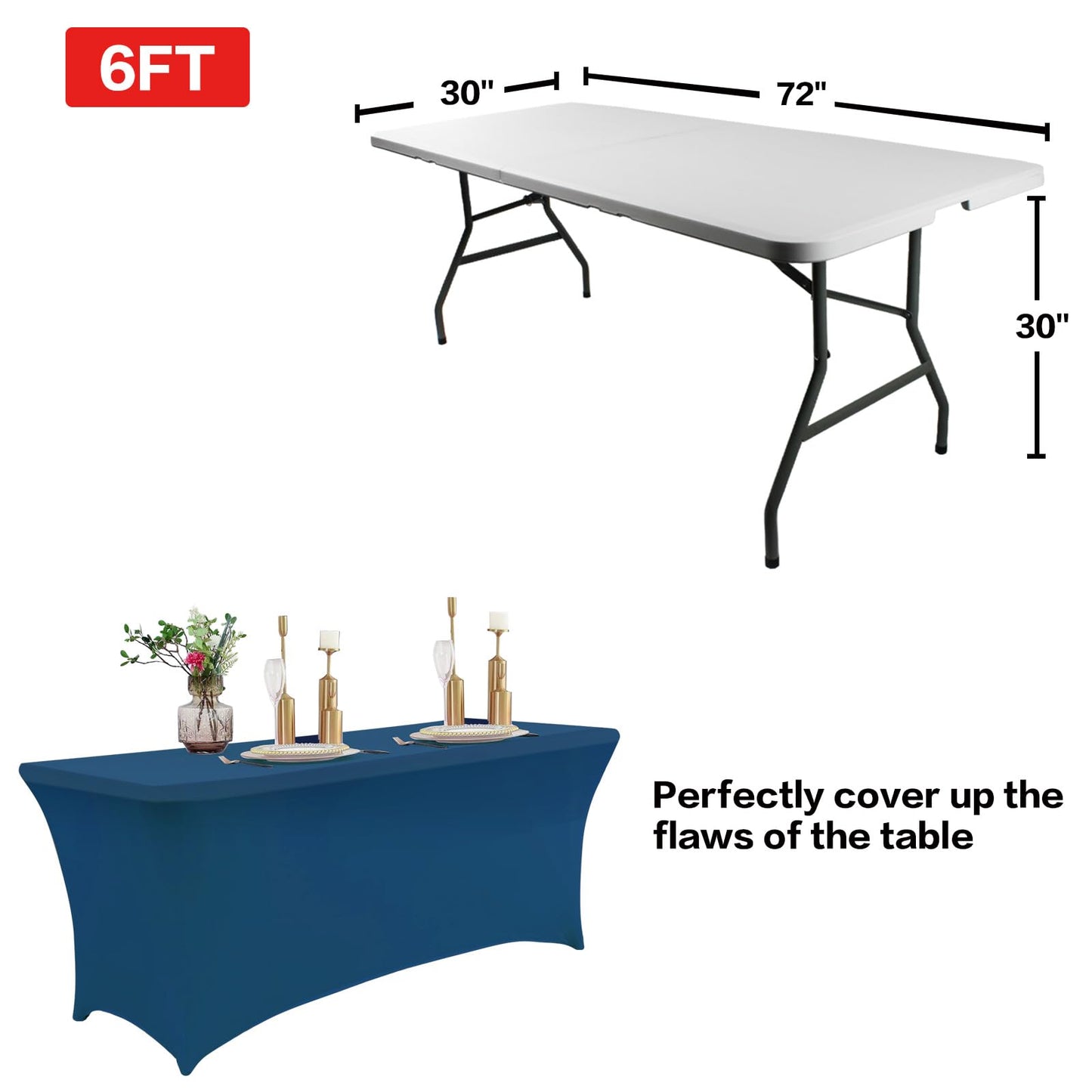 IVAPUPU 4FT Table Cloth for Rectangular Fitted Events Stretch Jean Blue Table Covers Washable Table Cover Spandex Tablecloth Table Protector for Party, Wedding, Cocktail, Banquet, Festival