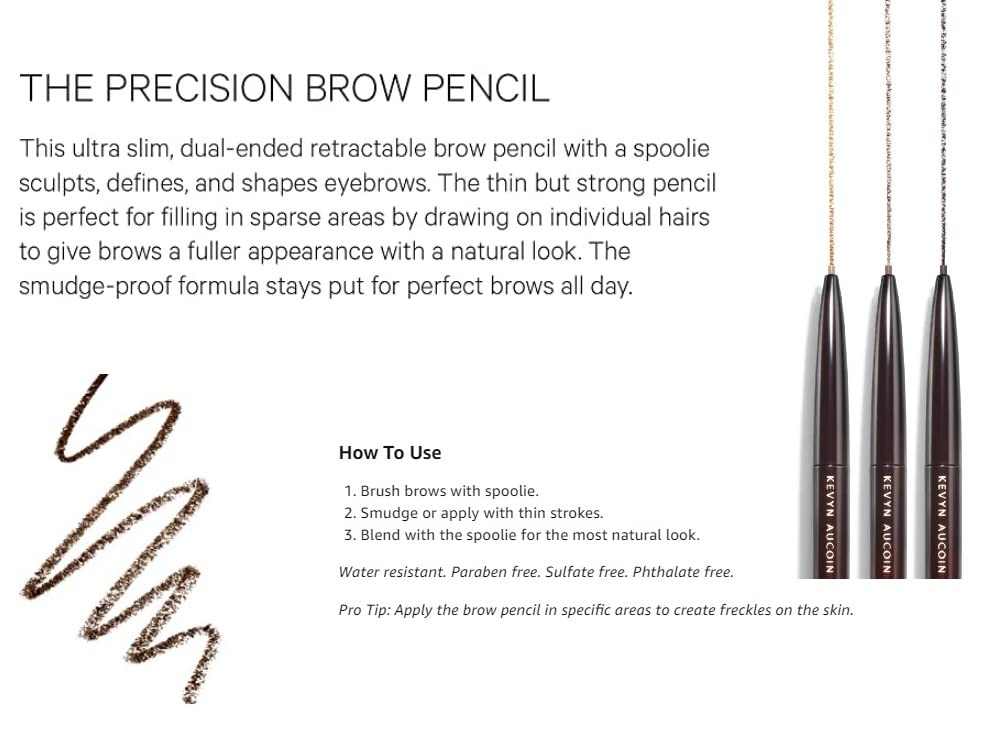 Kevyn Aucoin The Precision Brow Pencil, Brunette: Ultra slim, thin and strong. Retractable plus spoolie brush. Pro makeup artist go to. Sculpt, define and shape eyebrows. Stay put, smudge-proof.