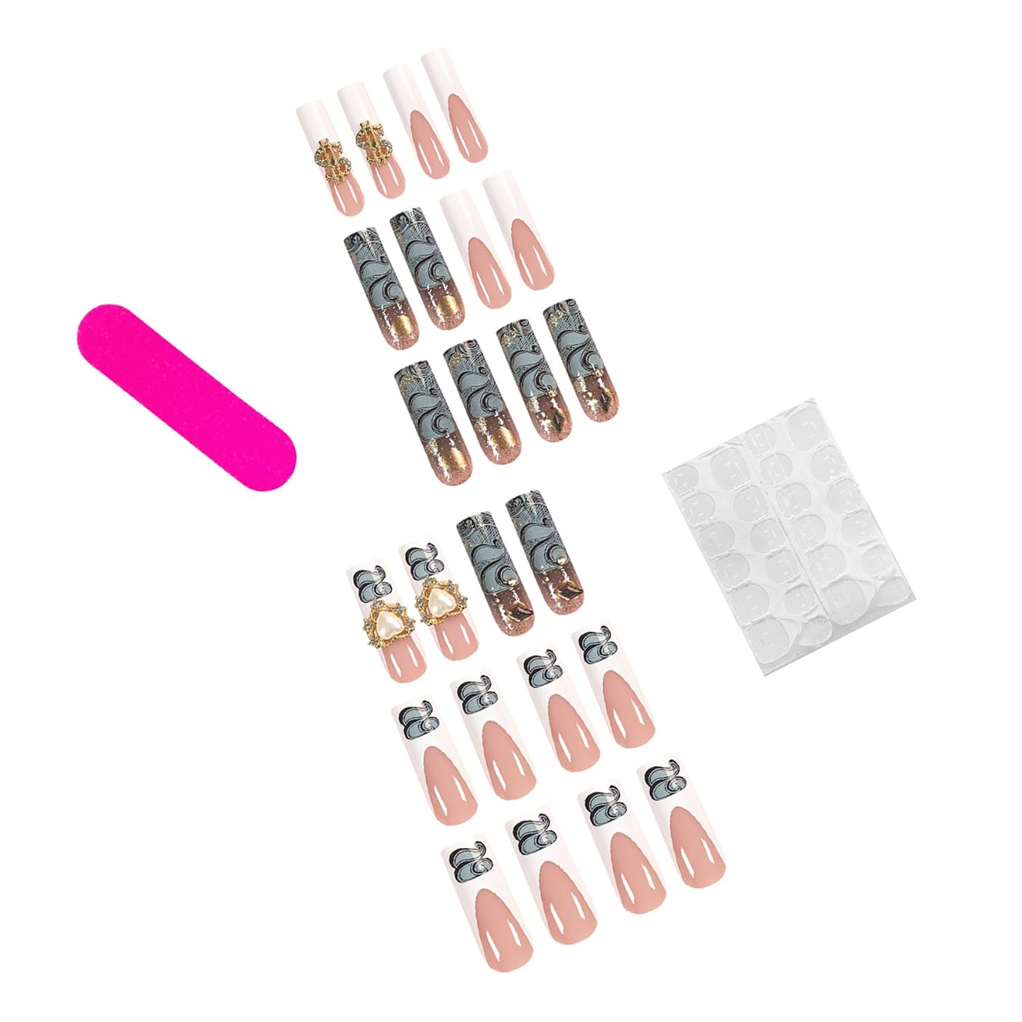 French Tip Press on Nails with Charms, Long Square Fake Nails Cute Glue on Nails Full Cover Glitter Acrylic Nails Pearl Rhinestone False Nails Reusable Artificial Nails for Women Nail Decorations